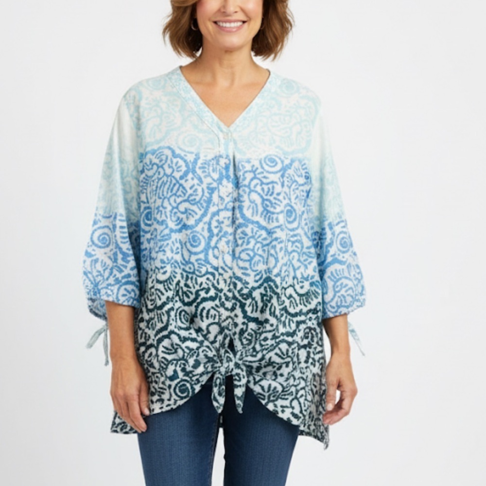 JMS Just my size Ombré Blue White black swirl printed top tie at front size 3X